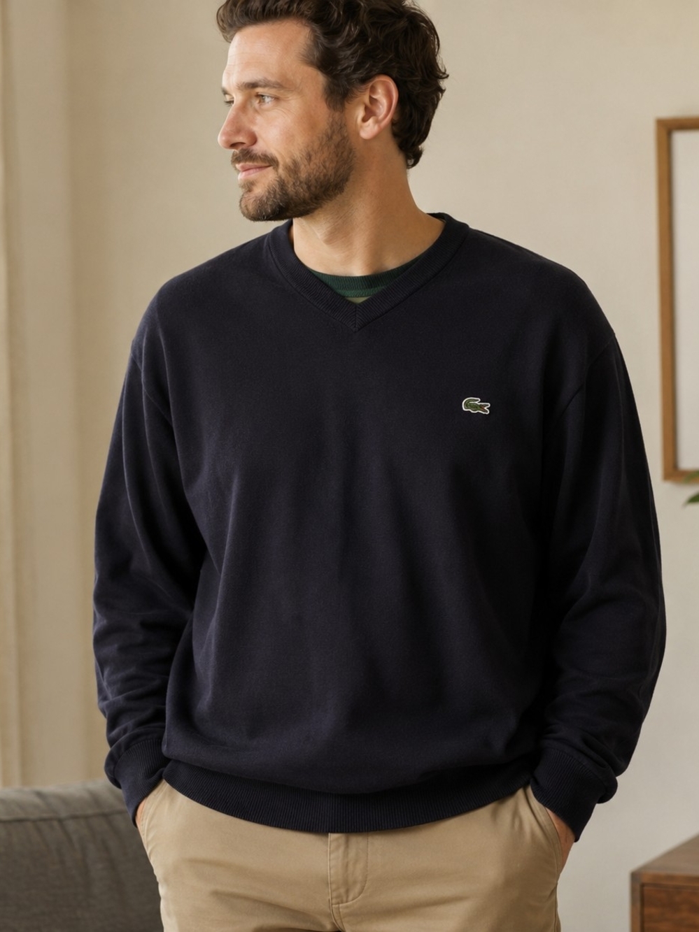 Lacoste Men’s Black V-Neck Cotton Sweater 3XL Regular Fit Green Trim Crocodile
